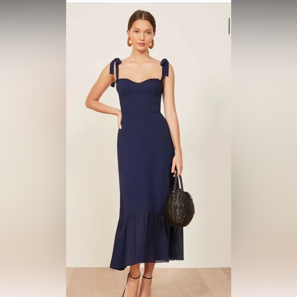 Reformation Navy Blue Nikita Ruffle Shoulder Tie Crepe Midi